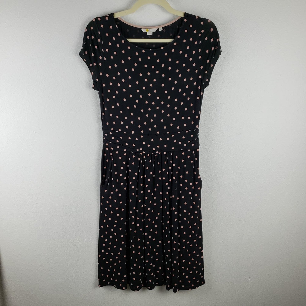 Boden Women's 4‎ Petite Amelie Jersey Dress Black With Pink Polka Dot Cap Sleeve